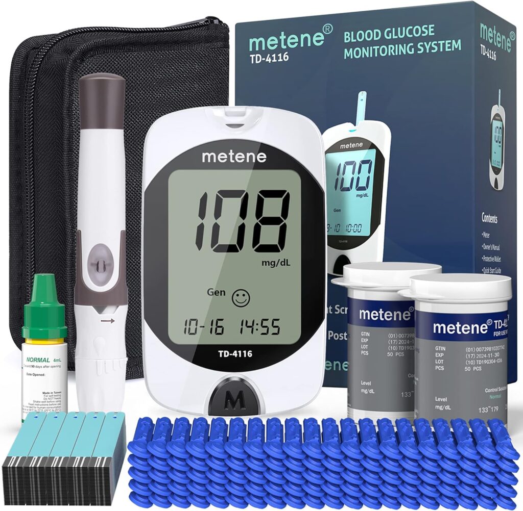 Metene TD-4116 Blood Glucose Monitor Kit, 100 Glucometer Strips, 100 Lancets, 1 Blood Sugar Monitor, Blood Sugar Test Kit with Control Solution, Lancing Device, No Coding, Large Display