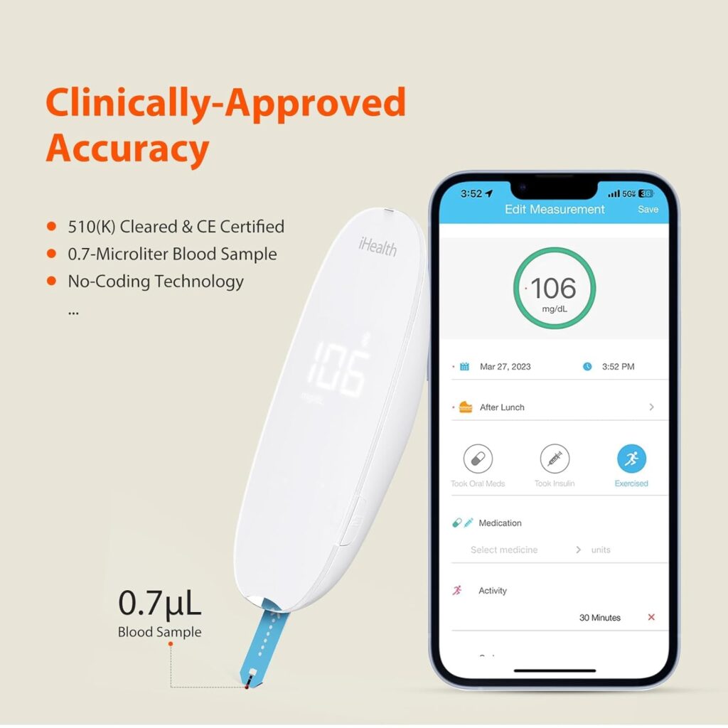 iHealth Gluco+ Wireless Smart Blood Glucose Monitor Kit with Free App, 100 Glucometer Strips, 100 Lancets, 1 Blood Sugar Monitor, 1 Lancing Device, Portable Diabetes Testing Kit for Home Use