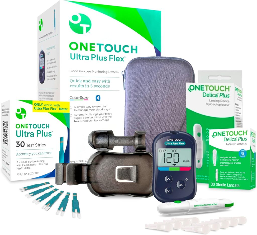 OneTouch Ultra Plus Flex Value Diabetes Testing Kit | Blood Sugar Test Kit Includes 1 Blood Glucose Meter, 1 Lancing Device, 30 Lancets, 30 Diabetic Test Strips,  Carrying Case