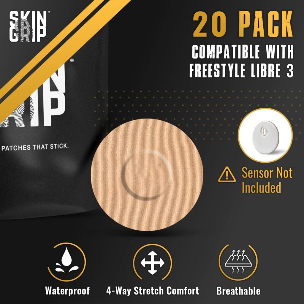 Skin Grip CGM Patches for Freestyle Libre 3 (20-Pack), Waterproof  Sweatproof for 10-14 Days, Pre-Cut Adhesive Tape, Continuous Glucose Monitor Protection (Black)