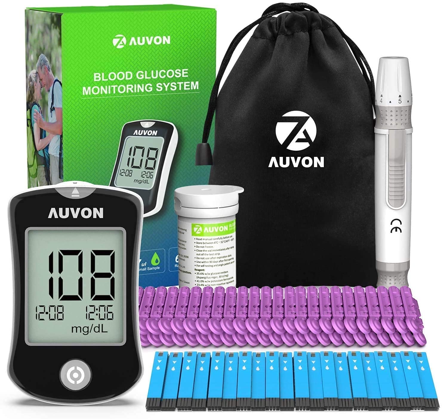 AUVON Blood Glucose Monitor Kit, High Accuracy Blood Sugar Test Kit with 50 Glucometer Strips, 50 30G Lancets, 1 Lancing Devices, I-QARE DS-W Diabetes Testing Kit, No Coding Required, Travel Size