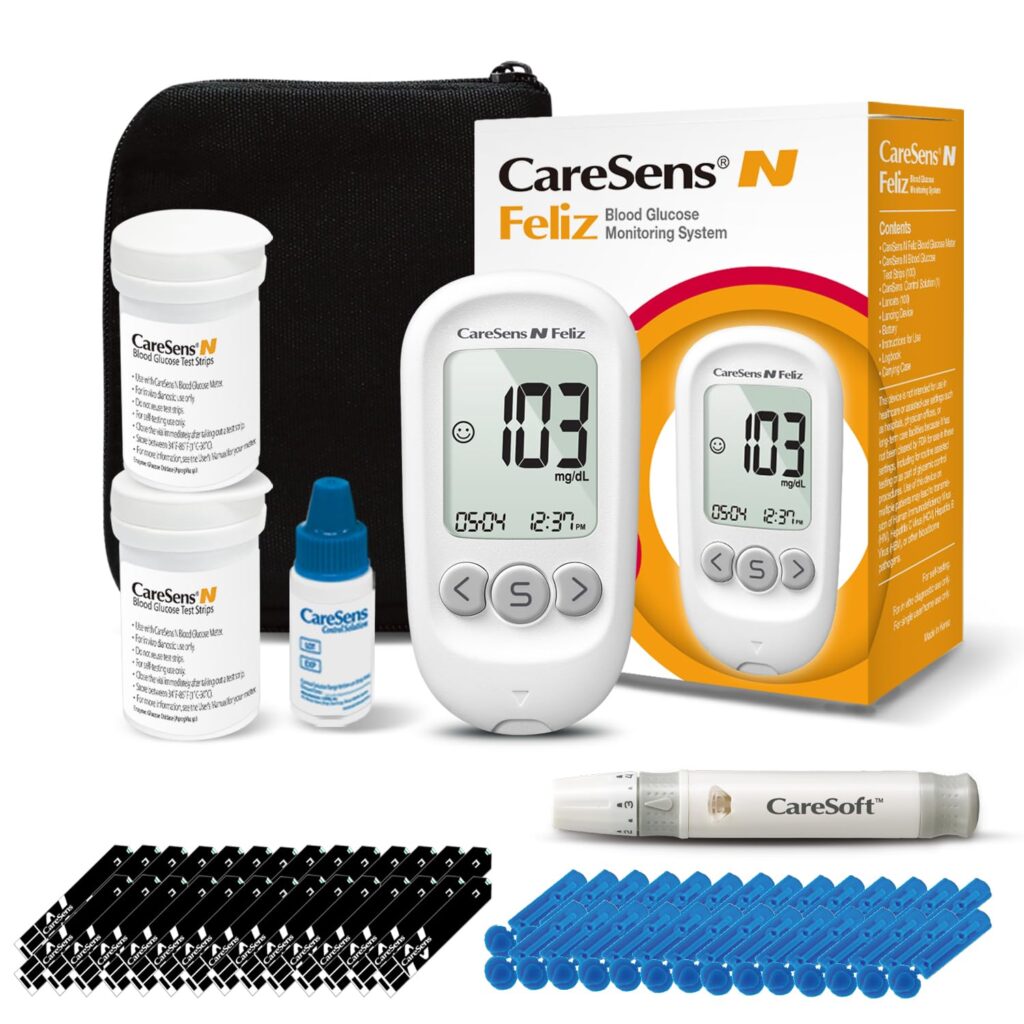 CareSens N Feliz Blood Glucose Monitoring Kit with 100 Blood Sugar Test Strips, 100 Lancets, 1 Blood Glucose Meter, 1 Lancing Device, 1 Control Solution, Travel Case for Diabetes Testing Kit