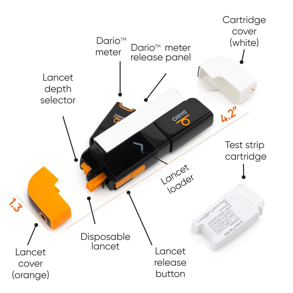 DARIO Smart Glucose Monitor Kit | Test Blood Sugar Levels  Manage Diabetes, Testing Kit Includes: Glucometer with 25 Strips, 10 Sterile lancets (USB-C iPhone 15, Pro  Max Only)