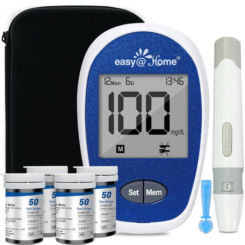 Easy@Home Blood Glucose Monitor Kit: Diabetes Testing Kit with 1 Lancing Device - 200 Test Strips and 100 Blood Lancets - Portable Blood Sugar Test Kit for Home Use EBG-100SL