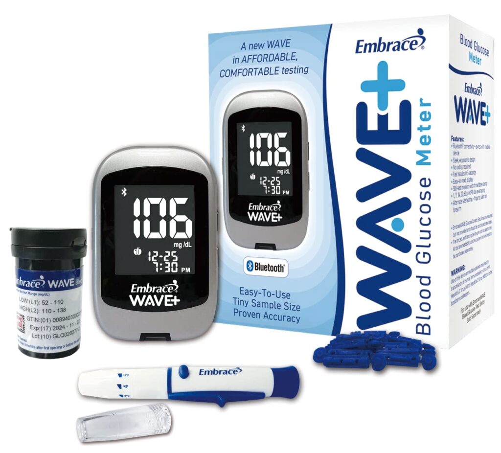 Embrace WAVE+ Bluetooth Diabetes Testing Kit – Embrace WAVE+ Blood Glucose Meter, 50 Blood Test Strips, 1 Lancing Device, 30 Gauge Lancets-50 Count and 1 Carrying Case