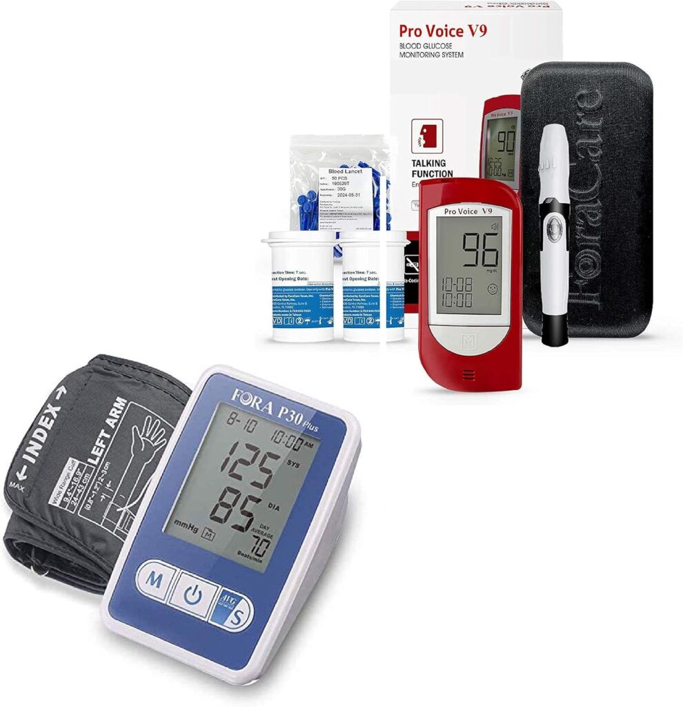 FORA Perfect Health Kit- Pro Voice V9 Diabetes Testing Kit for Accurate and Easy Monitoring Your Blood Glucose with Talking Glucometer  FORA P30 Medical Grade Arm Type Blood Pressure Monitor