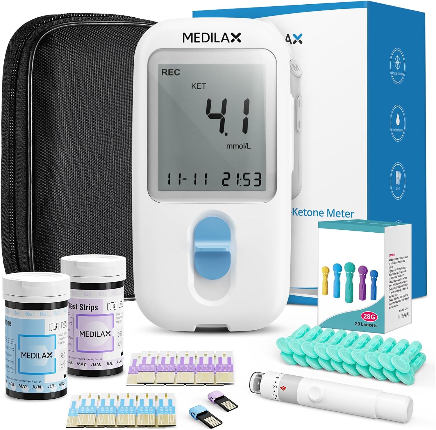 Ketone Monitor and Glucose Meter Kit - Dual Blood Sugar and Ketone Test Meter Kit with 10 Ketone Test Strips, 10 Glucose Test Strips, Lancets  Lancing Device