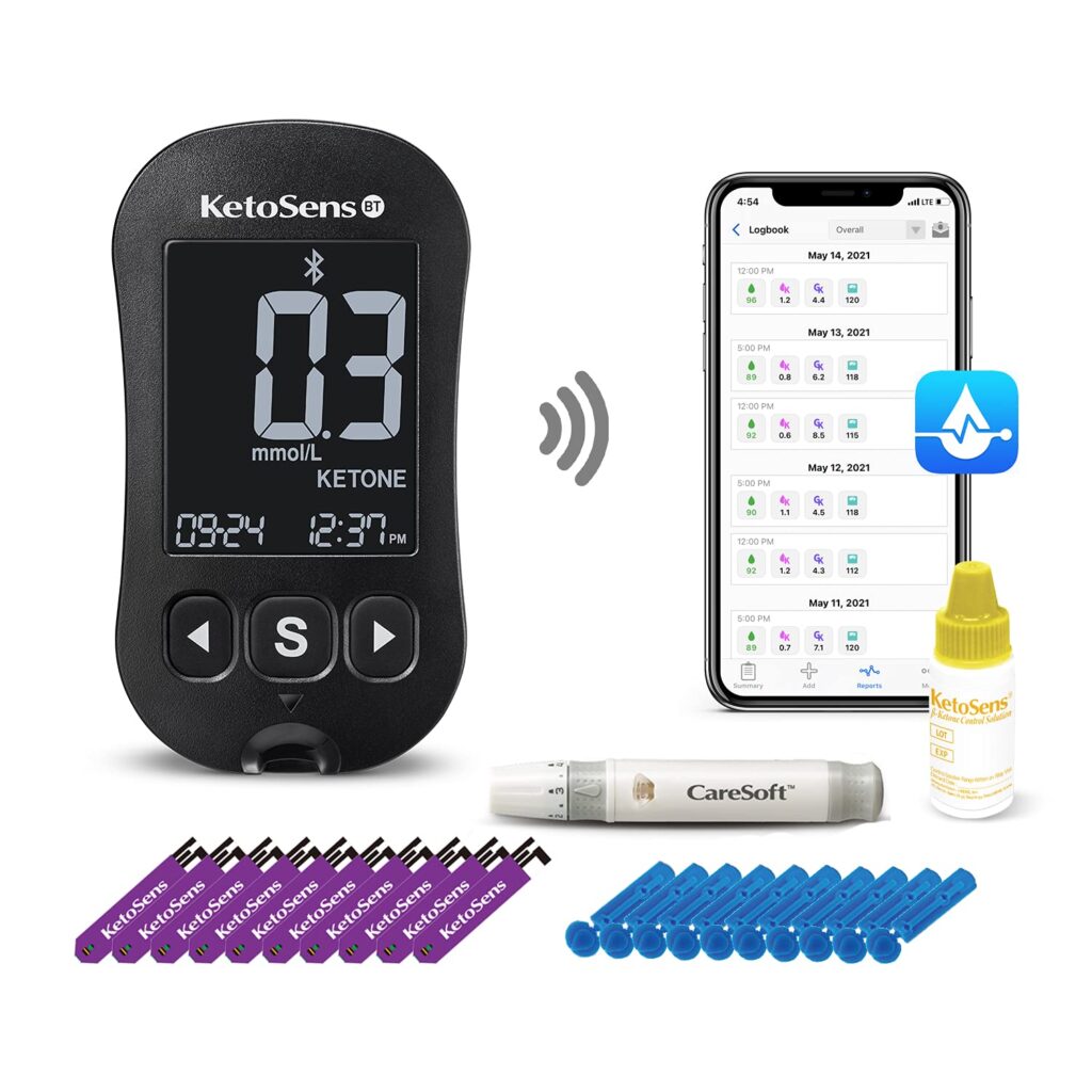 KetoSens Blood Ketone Monitoring Starter Kit with Bluetooth - Ideal for Keto Diet. Includes Meter, 10 Ketone Test Strips, 1 Control Solution Vial, 1 Lancing Device, 10 Lancets  Travel Case