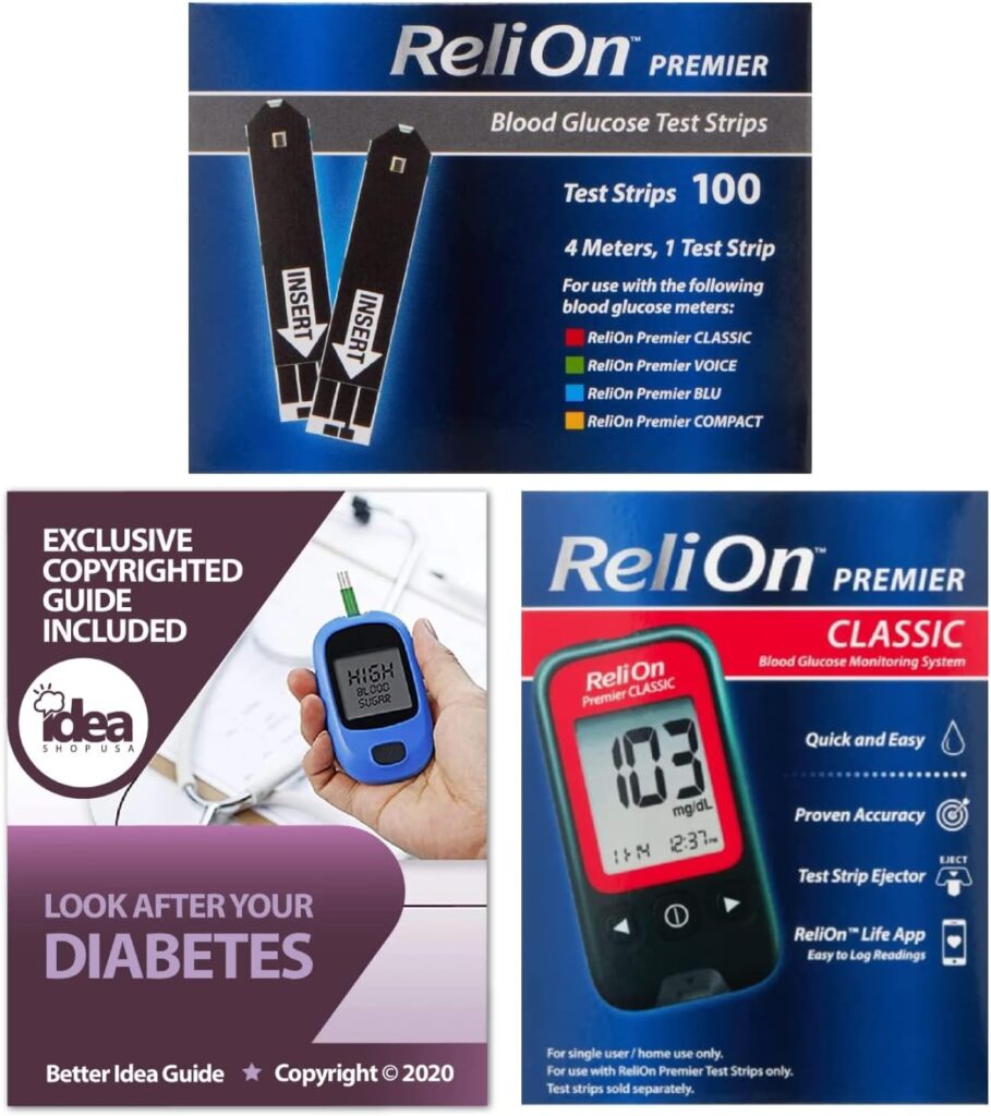 Relion Premier Test Strips 100ct + Premier Classic Blood Glucose Monitoring System Bundle with Exclusive Look After Your Diabetes - Better Idea Guide (3 Items)