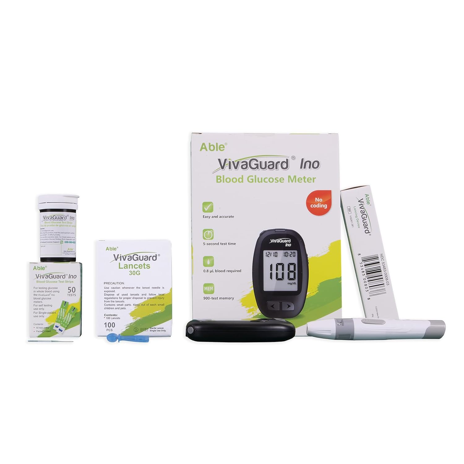 Blood Glucose Monitor - Blood Sugar Test Kit with100 Test Strips,100 Lancets (30G),1 Lancing Device and 1 Glucometer - No Coding, Large Display