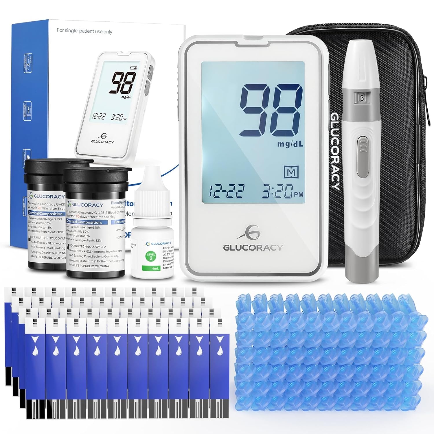 Blood Glucose Monitor Kit, 100 Glucometer Strips, 100 Lancets, 1 Blood Sugar Monitor, Control Solution, Blood Sugar Test Kit Travel Case, No Coding, Large Display, Diabetic Home Testing Kit