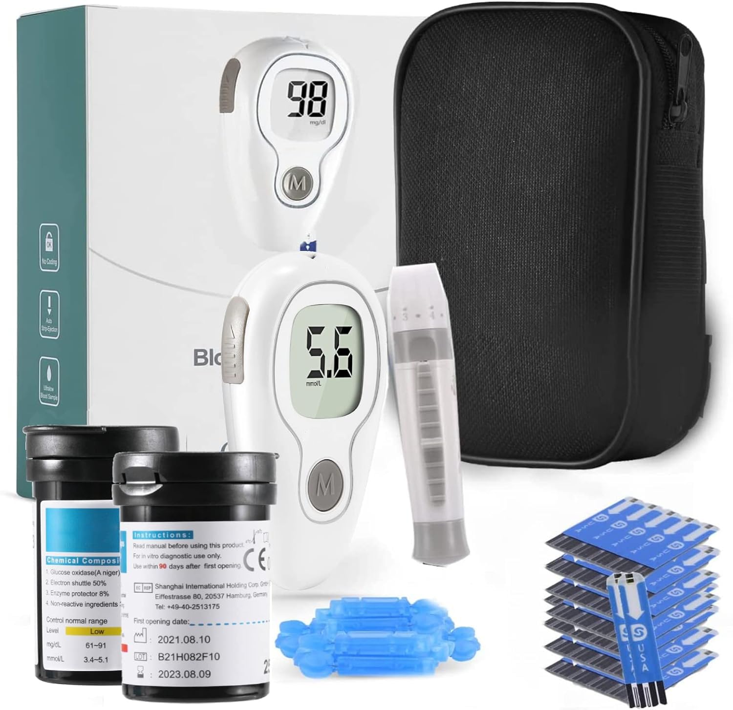 Blood Glucose Monitor Kit G-427B, Blood Sugar Test Kit with Lancing Device, 100 Test Strips and 100 Lancets, Smart Testing Kit, Portable Glucometer, Glucose Meter for Home Use