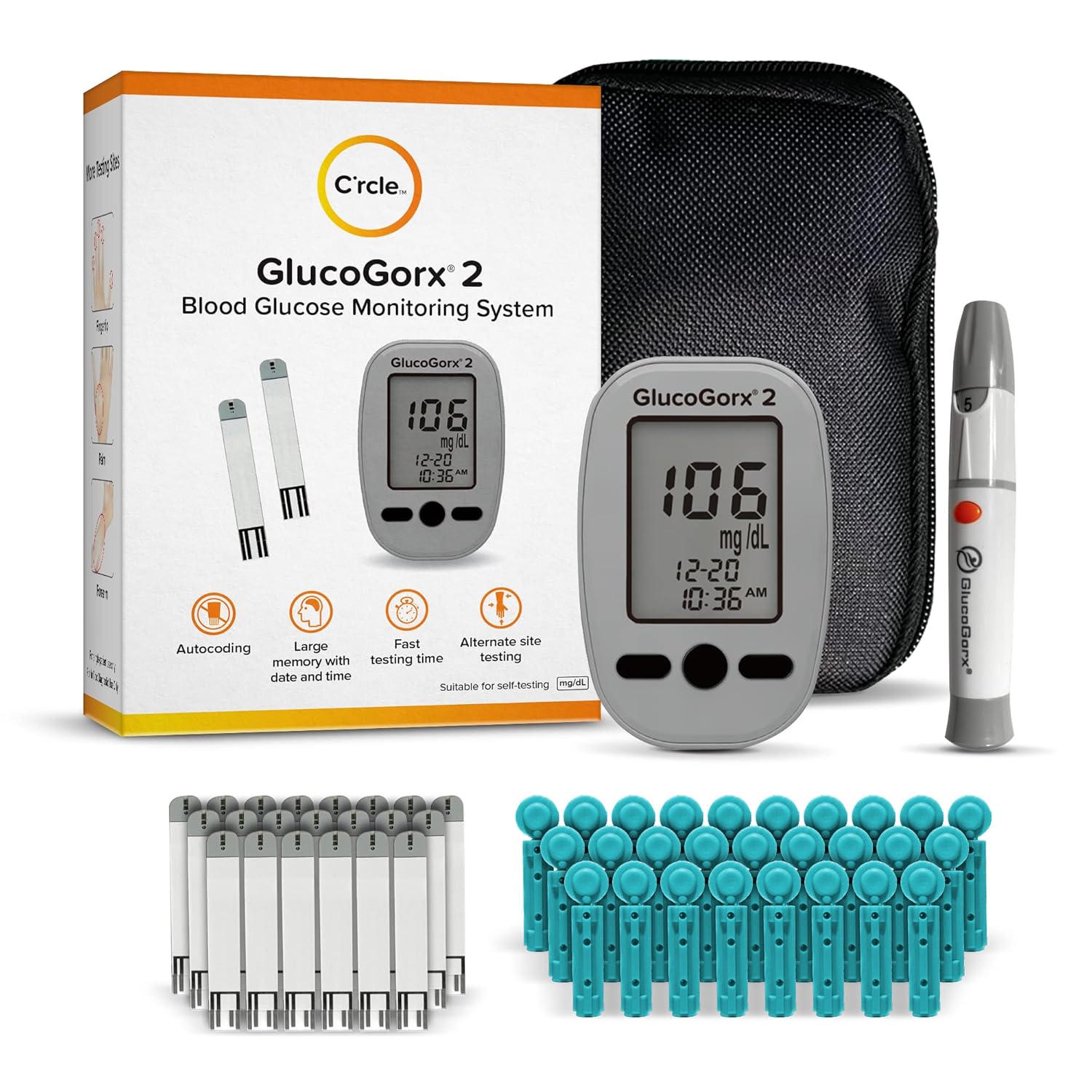 Blood Glucose Monitor Kit with Blood Glucose Monitor, Blood Test Strips, Lancing Device, and Lancets for Diabetes Testing - Blood Sugar Test Kit With Autocoding  Large Memory for Fast Testing Time, and Alternate Site Testing