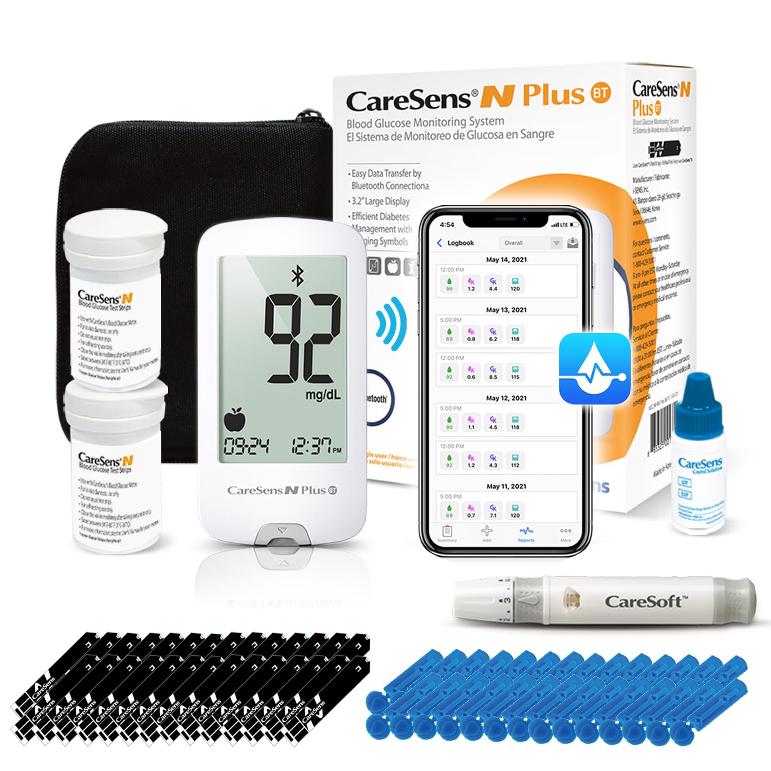 CareSens N Plus Bluetooth Blood Glucose Monitor Kit - 100 Test Strips, Lancets, Meter, Lancing Device, Travel Case, Control Solution