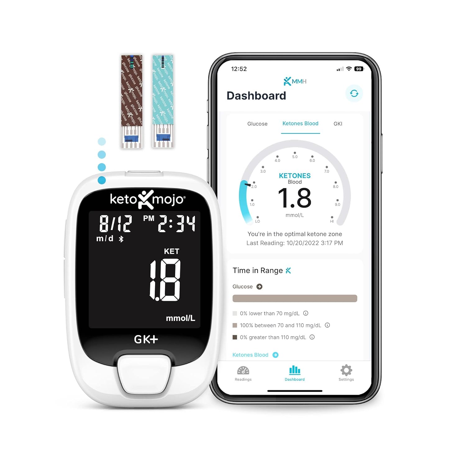 KETO-MOJO GK+ Bluetooth Glucose  Ketone Testing Kit + Free APP for Ketosis  Diabetes Management. 20 Blood Test Strips (10 Each), Meter, 20 Lancets, Lancing Device, and Control Solutions