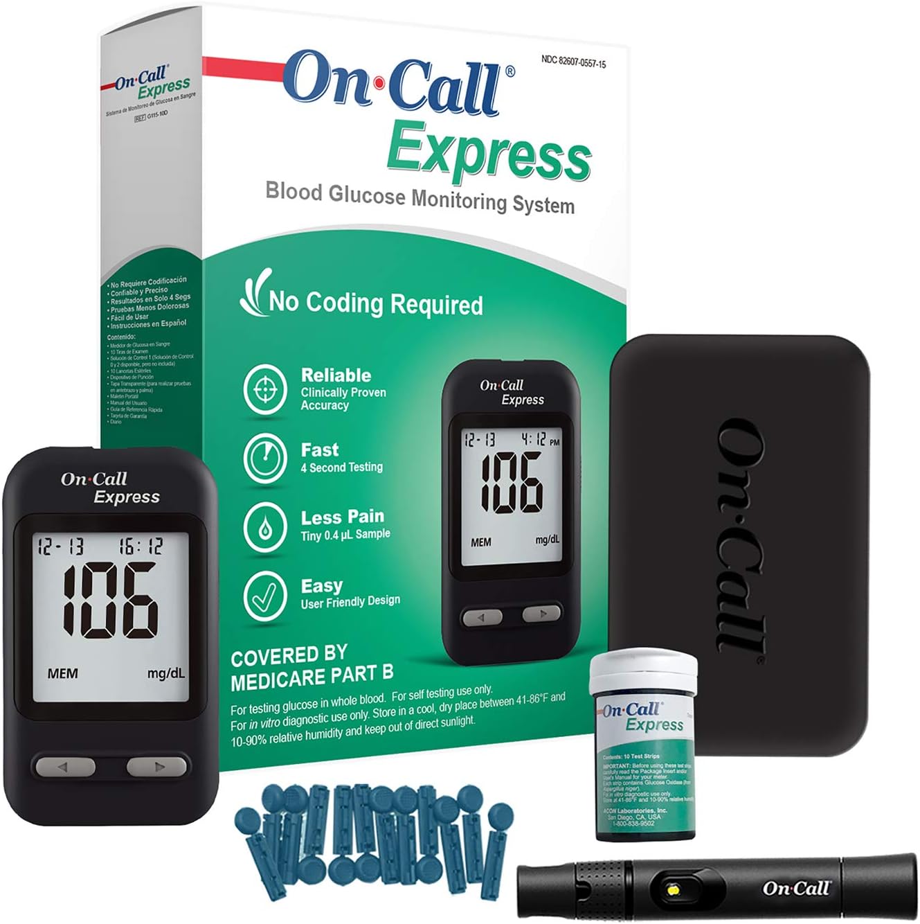 On Call Express Diabetes Testing Kit- Blood Glucose Meter, 10 Blood Test Strips, 1 Lancing Device, 30g Lancets, Control Solution, Carrying Case, Log Book, Black