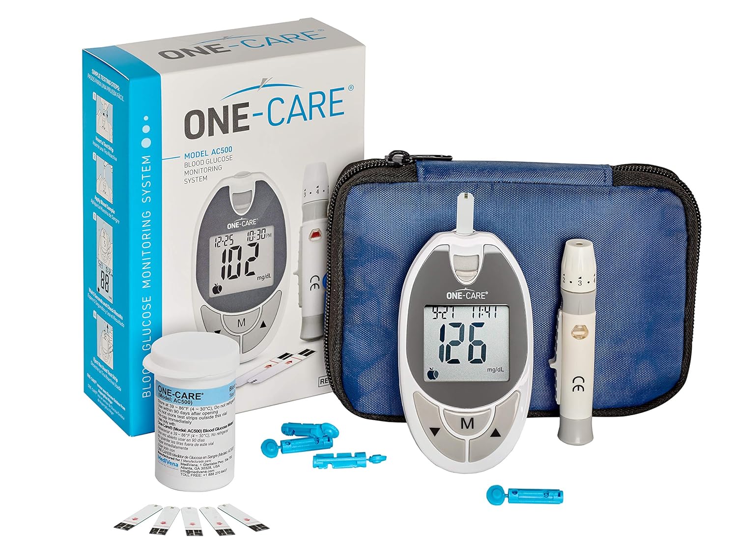 ONE-CARE™ Diabetes Testing Kit: Blood Glucose Monitor System with Blood Sugar Meter, 10 Blood Test Strips, Lancing Device, 10 Lancets, Carrying Case - Glucose Monitoring Kit with Glucometer and Strips