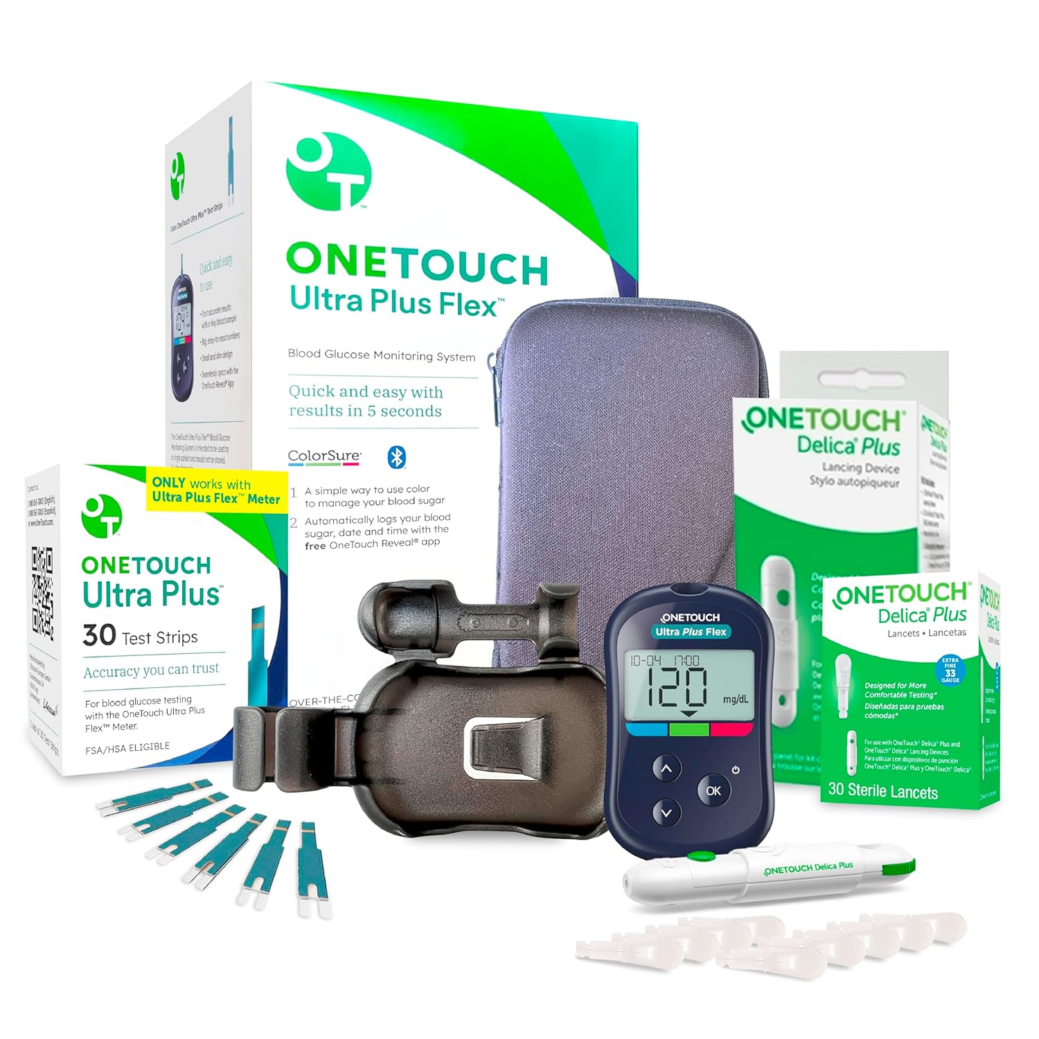 OneTouch Ultra Plus Flex Value Diabetes Testing Kit | Blood Sugar Test Kit Includes 1 Blood Glucose Meter, 1 Lancing Device, 30 Lancets, 30 Diabetic Test Strips,  Carrying Case