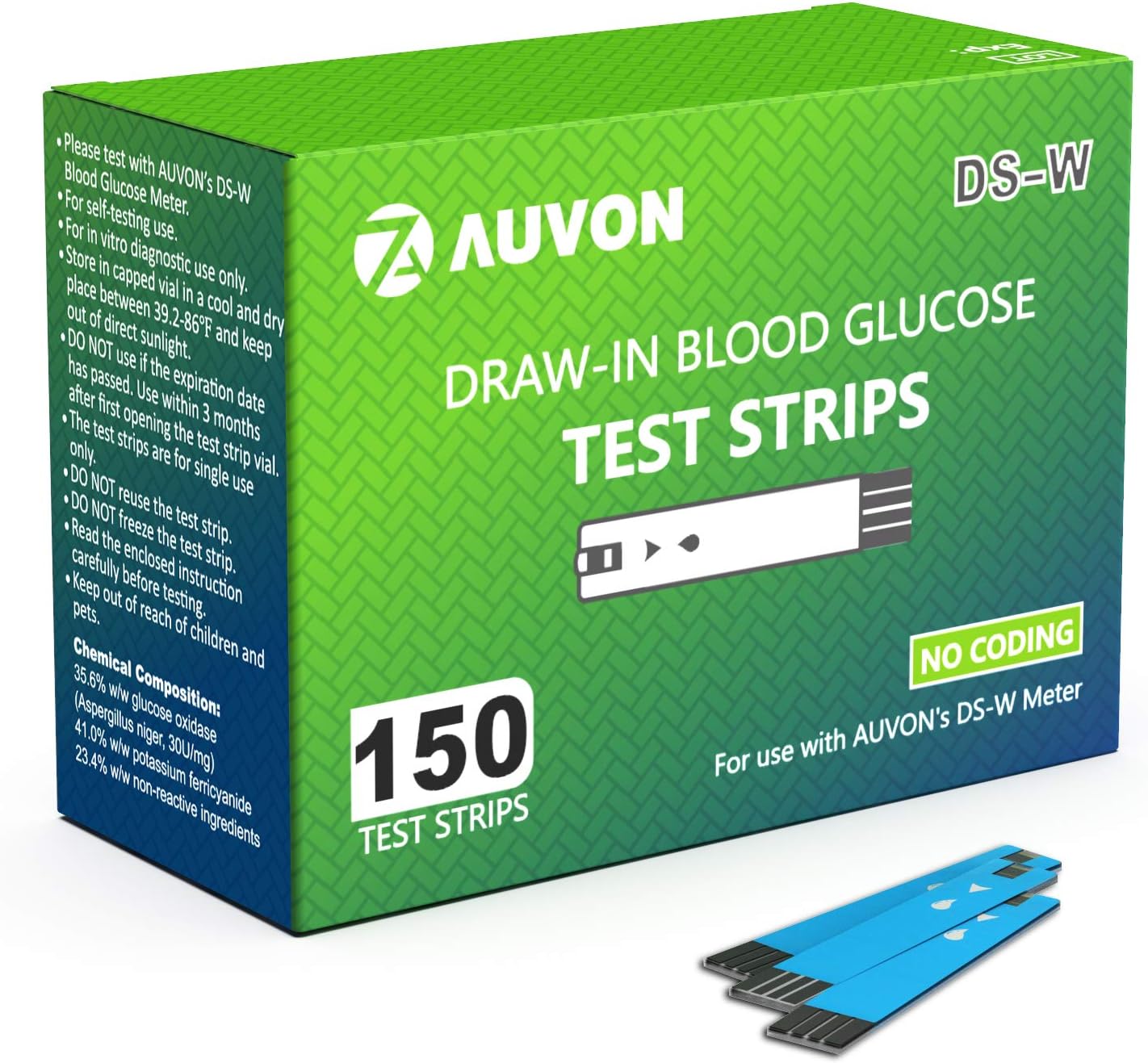 AUVON I-QARE DS-W Draw-in Blood Glucose Test Strips for use with AUVON DS-W Diabetes Sugar Testing Meter (No Coding Required, 150 Count)