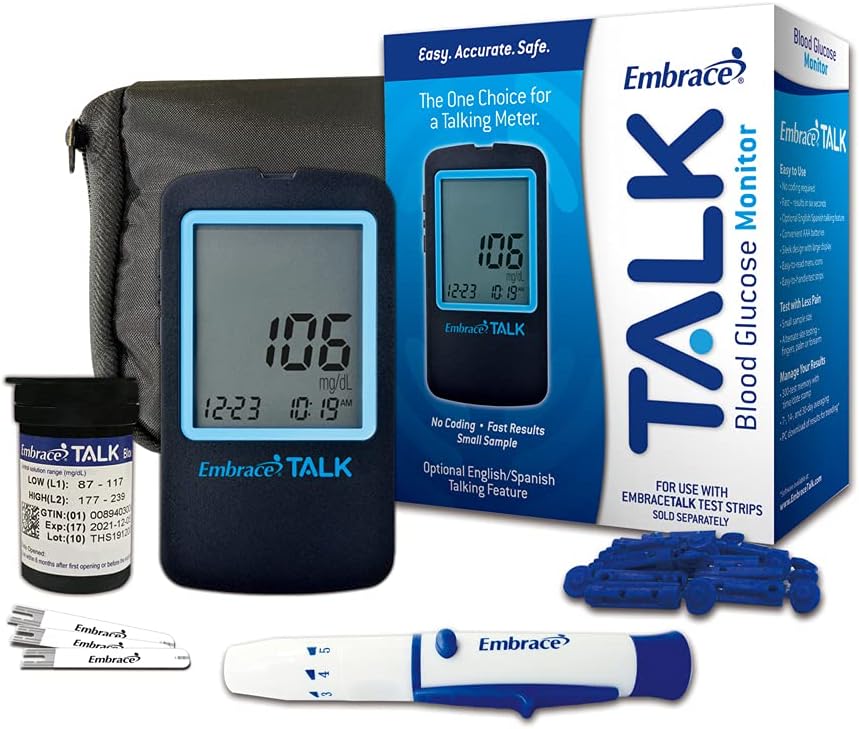 Embrace Talk Diabetes Testing Kit – Embrace Talk Blood Glucose Meter, 50 Blood Test Strips, 1 Lancing Device, 30 Gauge Lancets-50 Count and Carrying Case