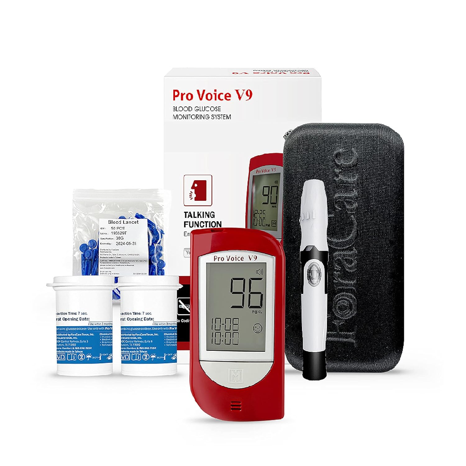 FORA Pro Voice V9 Diabetes Testing Kit for Accurate and Easy Monitoring Your Blood Glucose with Talking Glucometer, 1 Meter, 100 Test Strips, 100 Lancets, 1 Painless Design Lancing Device, Carry Case