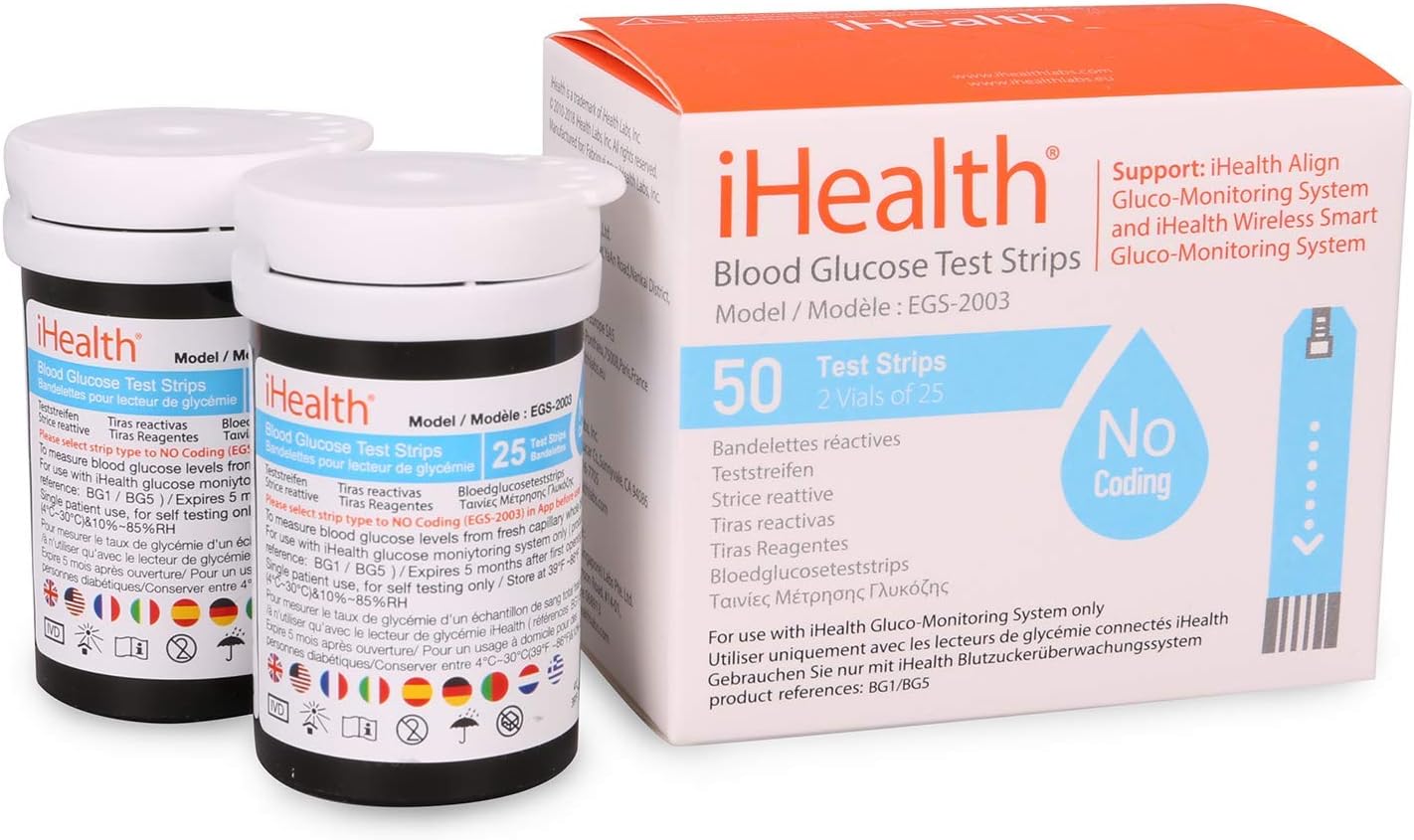 iHealth Blood Glucose Test Strips (50 Count), No Coding Blood Sugar Test, Eligible for FSA Reimbursement, Precision Sugar Measurement for Diabetics, Strips Work Only in iHealth Glucose Meters