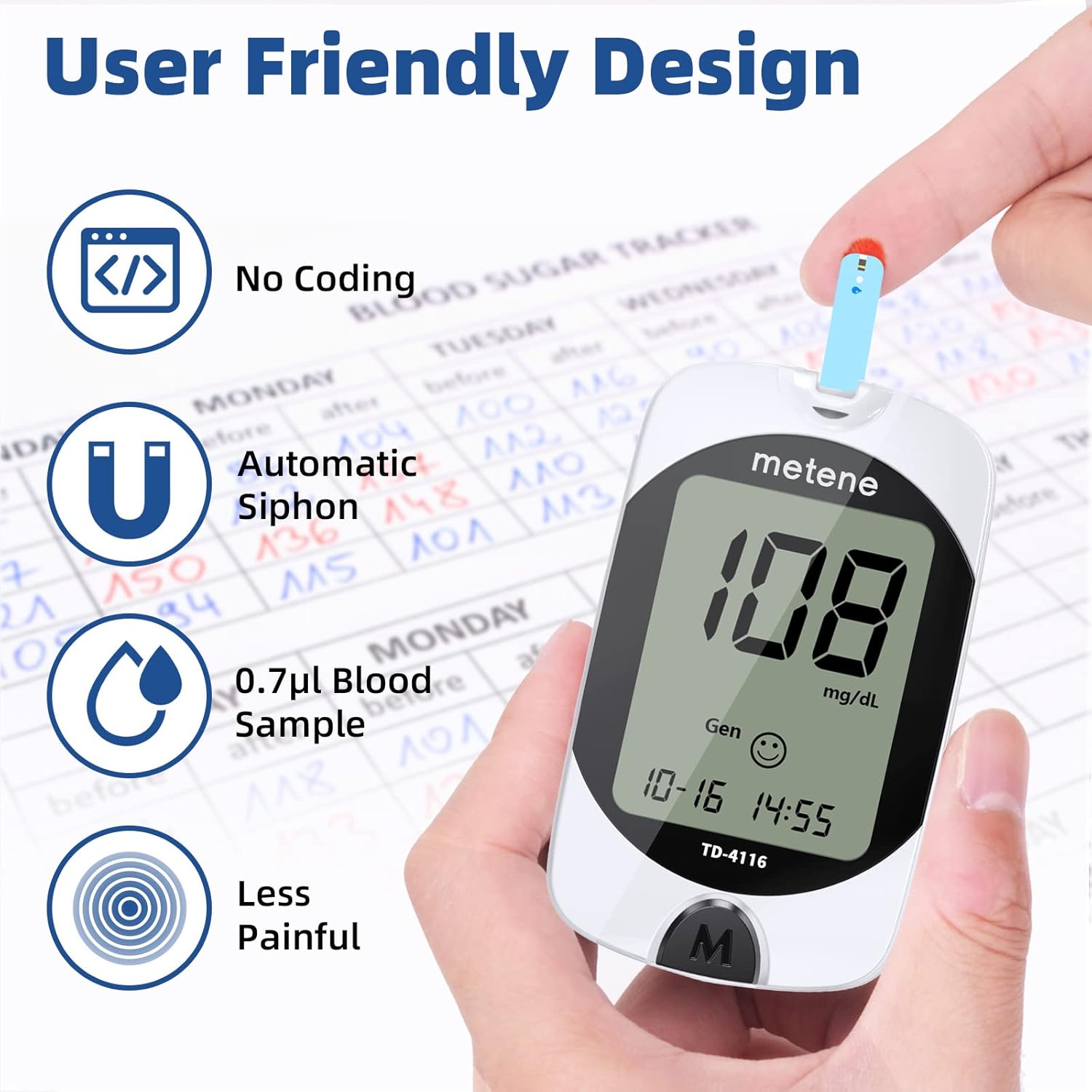 Metene TD-4116, 200 Count Test Strips for Diabetes, Use with metene TD-4116 Blood Glucose Monitor Only