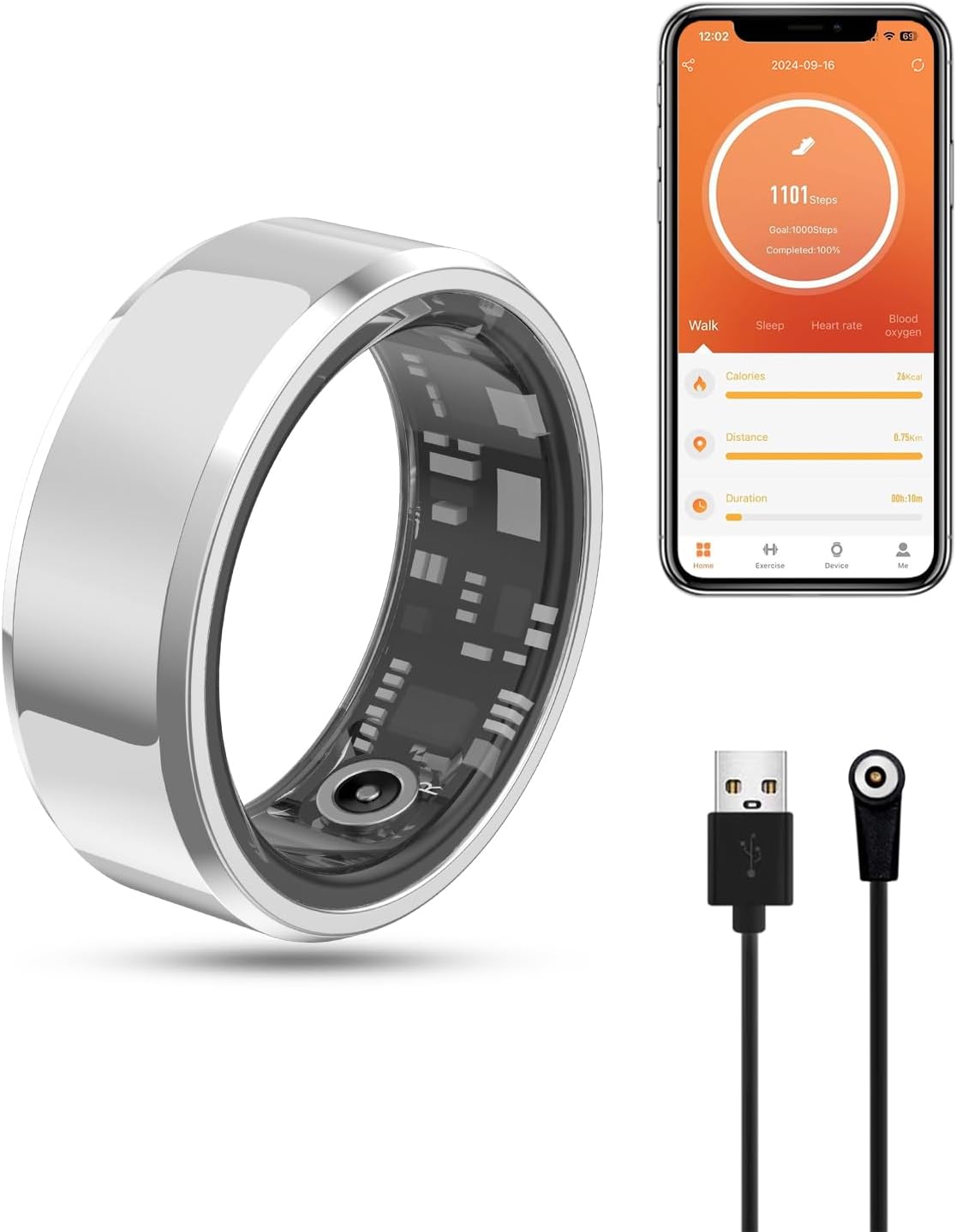 2024 New Smart Ring Health Tracker for Men Women - Bluetooth 5.0 IP68 Waterproof Fitness Ring, Shake to Take Photos Health Sleep Heart Rate Blood Oxygen Tracker, Utra Battery Life, No Charging case