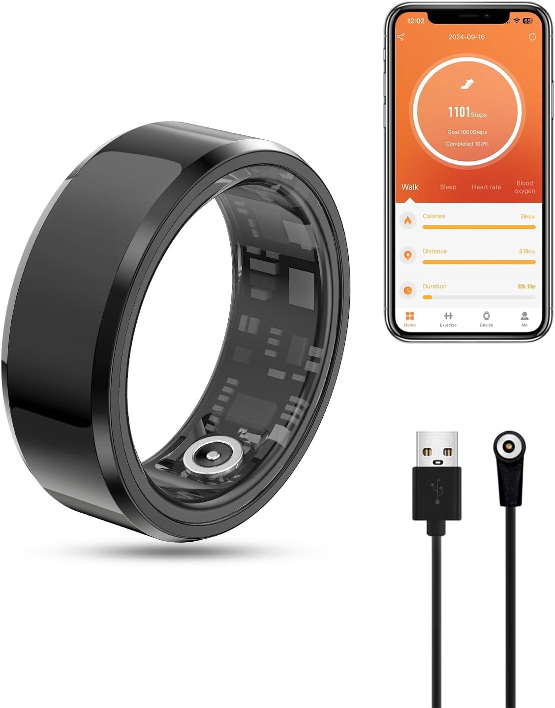 2024 New Smart Ring Health Tracker for Men Women - Bluetooth 5.0 IP68 Waterproof Fitness Ring, Shake to Take Photos Health Sleep Heart Rate Blood Oxygen Tracker, Utra Battery Life, No Charging case