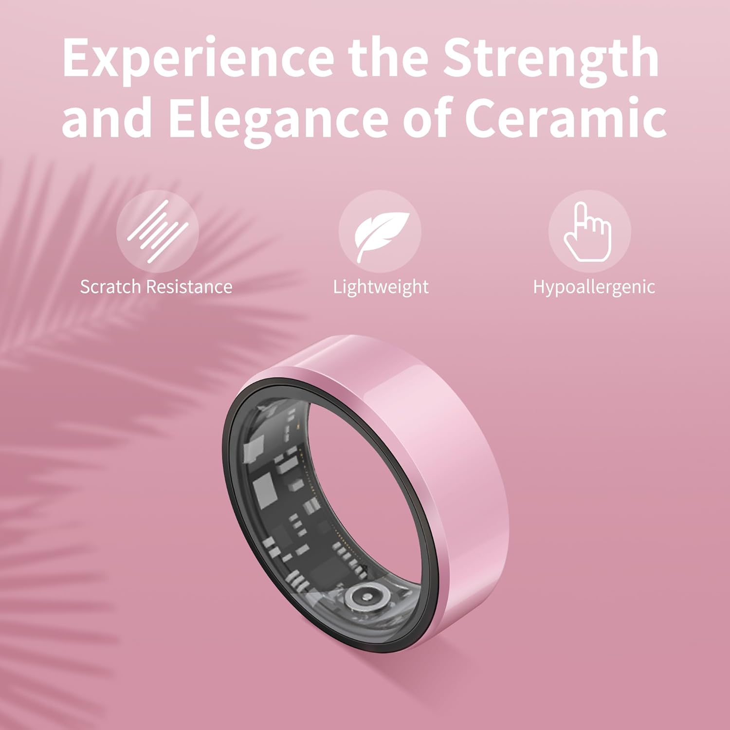 Ceramic Smart Ring for Women, Sleep Tracker Fitness Ring with Scratch Resistant Design, Health Tracker Compatible with iOS  Android (Pink, Size8)