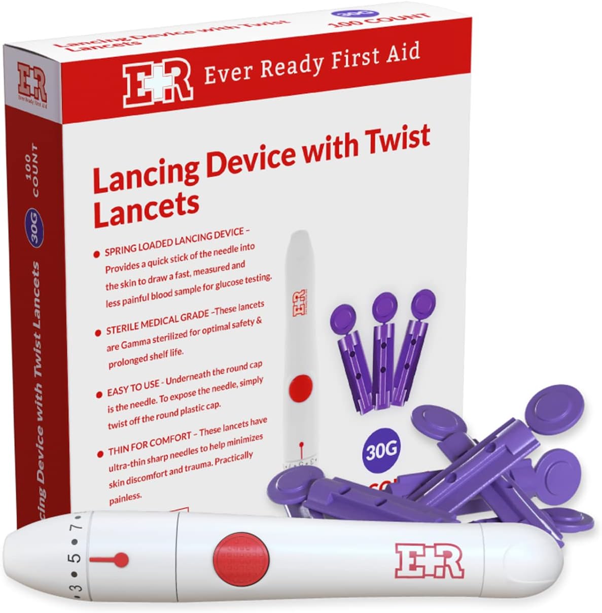 Ever Ready First Aid Lancing Device with 100 30 Gauge Twist Lancets for Blood Sugar Testing