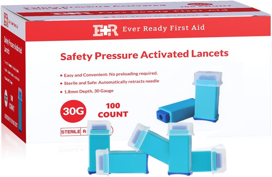 Ever Ready First Aid Safety Pressure Activated Lancets, Sterile Push Lancets with 30 Gauge for Blood Sugar Testing - 100 Count