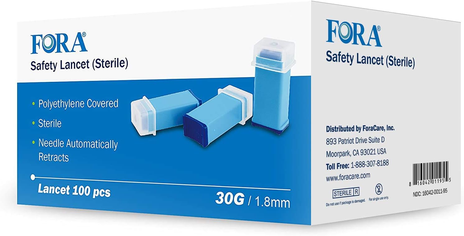 FORA Sterile Safety Lancet, 1.8mm Depth, 30 Gauge, 100 Count, Diabetic Supplies for Blood Glucose Testing. No Lancing Device Needed