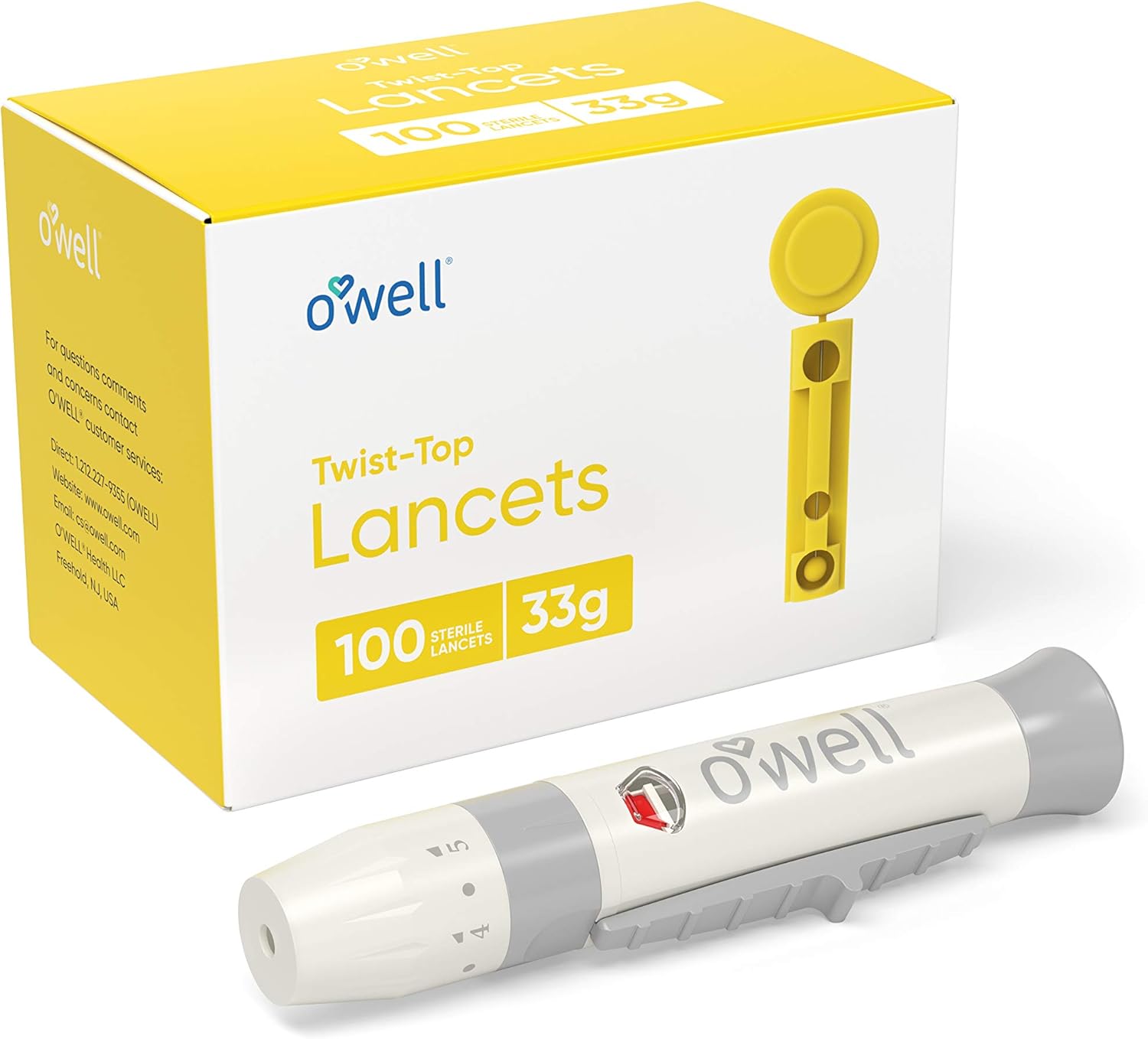 Lancing Device Kit + 100 Sterile OWELL Twist Top Lancets, 33 Gauge (for Thinner Skin)