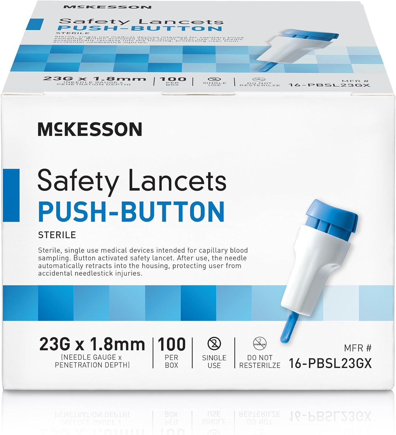 McKesson Safety Lancet, Retractable, Push Button Activation - Ideal for Blood Testing - Sterile, Single Use, 23 Gauge, 1.8mm Depth, 100 Count, 1 Pack