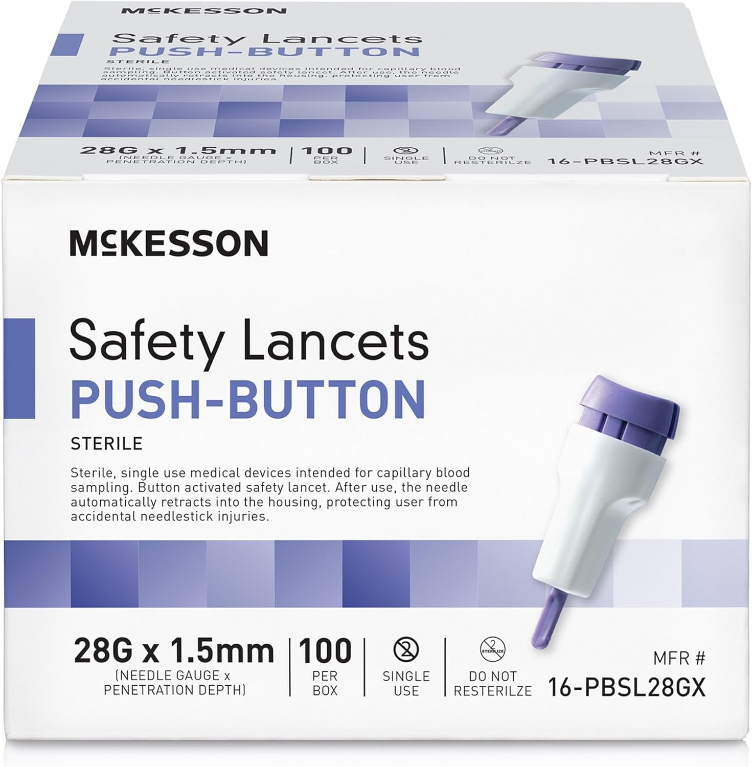 McKesson Safety Lancet, Retractable, Push Button Activation - Ideal for Blood Testing - Sterile, Single Use, 28 Gauge, 1.5mm Depth, 100 Count, 1 Pack