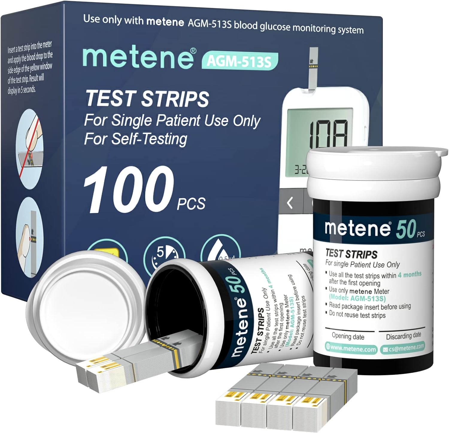 Metene AGM-513S Test Strips for Diabetes, 100 Count Blood Glucose Test Strips, Use with Metene AGM-513S Blood Glucose Monitoring System Only (No Monitor)