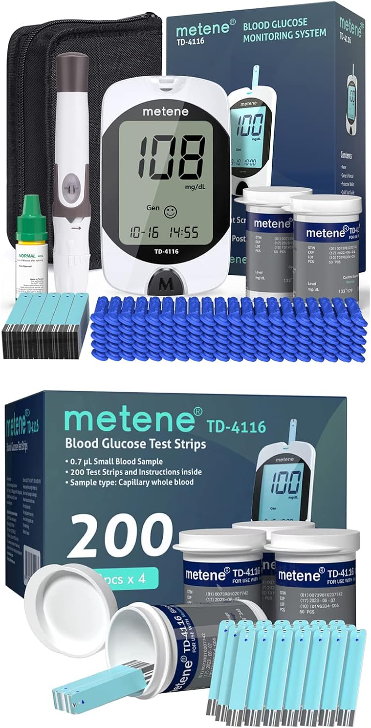 Metene TD-4116 Blood Glucose Monitor Kit, 300 Count Glucometer Test Strips for Diabetes and 100 Count 30 Gauge Lancets, Diabetes Testing Kit with Control Solution, Coding-free Blood Sugar Meter