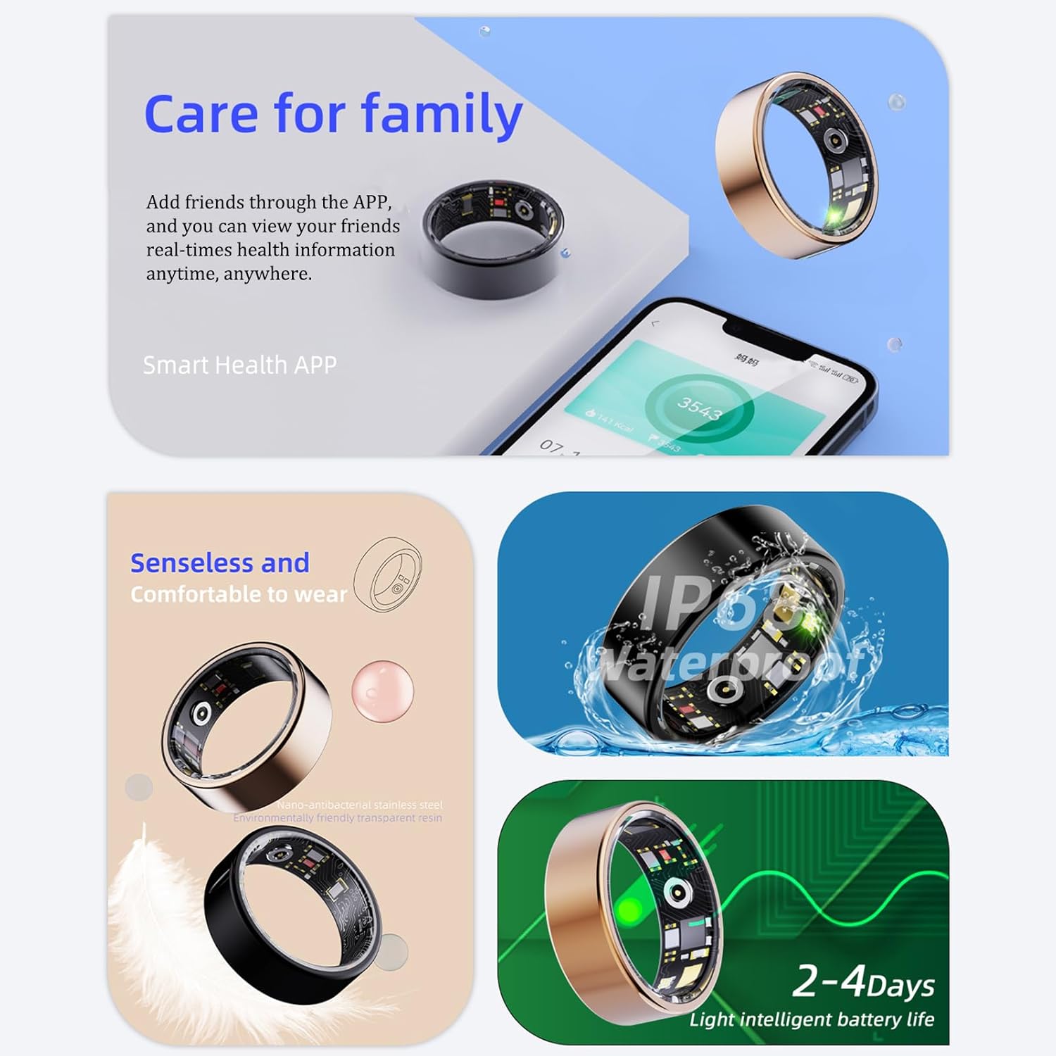 Smart Ring for Men  Women, Smart Ring Health Tracker, Blood Oxygen  Heart Rate Monitor Sleep Ring, Wearable IP68 Waterproof Fitness Monitor, Long Lasting Battery Smart Ring (Gold, 9)